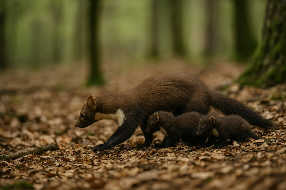 Marder mit Jungen im Wald